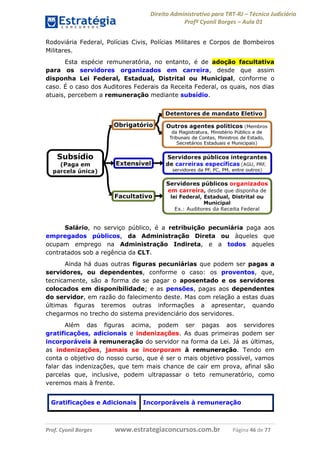 Direito Administrativo para TRT-RJ – Técnico Judiciário
Profº Cyonil Borges – Aula 01
Rodoviária Federal, Polícias Civis, Polícias Militares e Corpos de Bombeiros
Militares.
Esta espécie remuneratória, no entanto, é de adoção facultativa
para os servidores organizados em carreira, desde que assim
disponha Lei Federal, Estadual, Distrital ou Municipal, conforme o
caso. É o caso dos Auditores Federais da Receita Federal, os quais, nos dias
atuais, percebem a remuneração mediante subsídio.

Salário, no serviço público, é a retribuição pecuniária paga aos
empregados públicos, da Administração Direta ou àqueles que
ocupam emprego na Administração Indireta, e a todos aqueles
contratados sob a regência da CLT.
Ainda há duas outras figuras pecuniárias que podem ser pagas a
servidores, ou dependentes, conforme o caso: os proventos, que,
tecnicamente, são a forma de se pagar o aposentado e os servidores
colocados em disponibilidade; e as pensões, pagas aos dependentes
do servidor, em razão do falecimento deste. Mas com relação a estas duas
últimas figuras teremos outras informações a apresentar, quando
chegarmos no trecho do sistema previdenciário dos servidores.
Além das figuras acima, podem ser pagas aos servidores
gratificações, adicionais e indenizações. As duas primeiras podem ser
incorporáveis à remuneração do servidor na forma da Lei. Já as últimas,
as indenizações, jamais se incorporam à remuneração. Tendo em
conta o objetivo do nosso curso, que é ser o mais objetivo possível, vamos
falar das indenizações, que tem mais chance de cair em prova, afinal são
parcelas que, inclusive, podem ultrapassar o teto remuneratório, como
veremos mais à frente.
Gratificações e Adicionais

Prof. Cyonil Borges

Incorporáveis à remuneração

www.estrategiaconcursos.com.br

Página 46 de 77

 