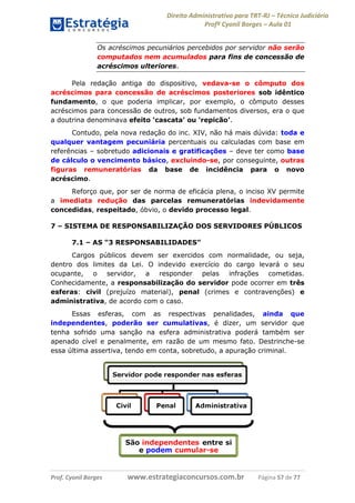 Direito Administrativo para TRT-RJ – Técnico Judiciário
Profº Cyonil Borges – Aula 01
Os acréscimos pecuniários percebidos por servidor não serão
computados nem acumulados para fins de concessão de
acréscimos ulteriores.
Pela redação antiga do dispositivo, vedava-se o cômputo dos
acréscimos para concessão de acréscimos posteriores sob idêntico
fundamento, o que poderia implicar, por exemplo, o cômputo desses
acréscimos para concessão de outros, sob fundamentos diversos, era o que
a doutrina denominava efeito ‘cascata’ ou ‘repicão’.
Contudo, pela nova redação do inc. XIV, não há mais dúvida: toda e
qualquer vantagem pecuniária percentuais ou calculadas com base em
referências – sobretudo adicionais e gratificações – deve ter como base
de cálculo o vencimento básico, excluindo-se, por conseguinte, outras
figuras remuneratórias da base de incidência para o novo
acréscimo.
Reforço que, por ser de norma de eficácia plena, o inciso XV permite
a imediata redução das parcelas remuneratórias indevidamente
concedidas, respeitado, óbvio, o devido processo legal.
7 – SISTEMA DE RESPONSABILIZAÇÃO DOS SERVIDORES PÚBLICOS
7.1 – AS “3 RESPONSABILIDADES”
Cargos públicos devem ser exercidos com normalidade, ou seja,
dentro dos limites da Lei. O indevido exercício do cargo levará o seu
ocupante, o servidor, a responder pelas infrações cometidas.
Conhecidamente, a responsabilização do servidor pode ocorrer em três
esferas: civil (prejuízo material), penal (crimes e contravenções) e
administrativa, de acordo com o caso.
Essas esferas, com as respectivas penalidades, ainda que
independentes, poderão ser cumulativas, é dizer, um servidor que
tenha sofrido uma sanção na esfera administrativa poderá também ser
apenado cível e penalmente, em razão de um mesmo fato. Destrinche-se
essa última assertiva, tendo em conta, sobretudo, a apuração criminal.

Prof. Cyonil Borges

www.estrategiaconcursos.com.br

Página 57 de 77

 