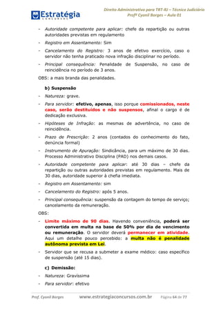 Direito Administrativo para TRT-RJ – Técnico Judiciário
Profº Cyonil Borges – Aula 01
-

Autoridade competente para aplicar: chefe da repartição ou outras
autoridades previstas em regulamento

-

Registro em Assentamento: Sim

-

Cancelamento do Registro: 3 anos de efetivo exercício, caso o
servidor não tenha praticado nova infração disciplinar no período.

-

Principal consequência: Penalidade de Suspensão, no caso de
reincidência no período de 3 anos.

OBS: a mais branda das penalidades.
b) Suspensão
-

Natureza: grave.

-

Para servidor: efetivo, apenas, isso porque comissionados, neste
caso, serão destituídos e não suspensos, afinal o cargo é de
dedicação exclusiva.

-

Hipóteses de Infração: as mesmas de advertência, no caso de
reincidência.

-

Prazo de Prescrição: 2 anos (contados do conhecimento do fato,
denúncia formal)

-

Instrumento de Apuração: Sindicância, para um máximo de 30 dias.
Processo Administrativo Disciplina (PAD) nos demais casos.

-

Autoridade competente para aplicar: até 30 dias – chefe da
repartição ou outras autoridades previstas em regulamento. Mais de
30 dias, autoridade superior à chefia imediata.

-

Registro em Assentamento: sim

-

Cancelamento do Registro: após 5 anos.

-

Principal consequência: suspensão da contagem do tempo de serviço;
cancelamento da remuneração.

OBS:
-

Limite máximo de 90 dias. Havendo conveniência, poderá ser
convertida em multa na base de 50% por dia de vencimento
ou remuneração. O servidor deverá permanecer em atividade.
Aqui um detalhe pouco percebido: a multa não é penalidade
autônoma prevista em Lei.

-

Servidor que se recusa a submeter a exame médico: caso específico
de suspensão (até 15 dias).
c) Demissão:

-

Natureza: Gravíssima

-

Para servidor: efetivo

Prof. Cyonil Borges

www.estrategiaconcursos.com.br

Página 64 de 77

 