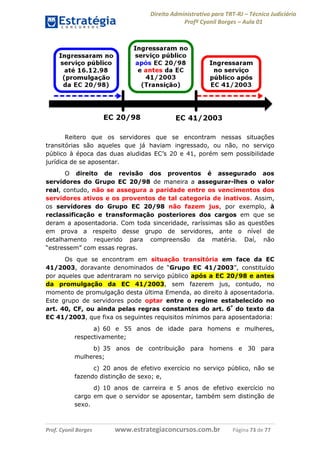 Direito Administrativo para TRT-RJ – Técnico Judiciário
Profº Cyonil Borges – Aula 01

Reitero que os servidores que se encontram nessas situações
transitórias são aqueles que já haviam ingressado, ou não, no serviço
público à época das duas aludidas EC’s 20 e 41, porém sem possibilidade
jurídica de se aposentar.
O direito de revisão dos proventos é assegurado aos
servidores do Grupo EC 20/98 de maneira a assegurar-lhes o valor
real, contudo, não se assegura a paridade entre os vencimentos dos
servidores ativos e os proventos de tal categoria de inativos. Assim,
os servidores do Grupo EC 20/98 não fazem jus, por exemplo, à
reclassificação e transformação posteriores dos cargos em que se
deram a aposentadoria. Com toda sinceridade, raríssimas são as questões
em prova a respeito desse grupo de servidores, ante o nível de
detalhamento requerido para compreensão da matéria. Daí, não
“estressem” com essas regras.
Os que se encontram em situação transitória em face da EC
41/2003, doravante denominados de “Grupo EC 41/2003”, constituído
por aqueles que adentraram no serviço público após a EC 20/98 e antes
da promulgação da EC 41/2003, sem fazerem jus, contudo, no
momento de promulgação desta última Emenda, ao direito à aposentadoria.
Este grupo de servidores pode optar entre o regime estabelecido no
art. 40, CF, ou ainda pelas regras constantes do art. 6º do texto da
EC 41/2003, que fixa os seguintes requisitos mínimos para aposentadoria:
a) 60 e 55 anos de idade para homens e mulheres,
respectivamente;
b) 35 anos de contribuição para homens e 30 para
mulheres;
c) 20 anos de efetivo exercício no serviço público, não se
fazendo distinção de sexo; e,
d) 10 anos de carreira e 5 anos de efetivo exercício no
cargo em que o servidor se aposentar, também sem distinção de
sexo.

Prof. Cyonil Borges

www.estrategiaconcursos.com.br

Página 73 de 77

 