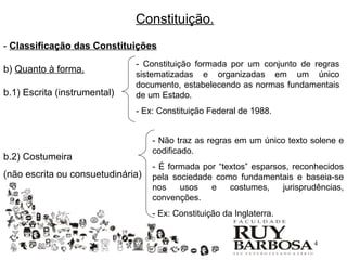 Constituição.
- Classificação das Constituições
                              - Constituição formada por um conjunto de regras
b) Quanto à forma.
                              sistematizadas e organizadas em um único
                              documento, estabelecendo as normas fundamentais
b.1) Escrita (instrumental)   de um Estado.
                              - Ex: Constituição Federal de 1988.


                                   - Não traz as regras em um único texto solene e
                                   codificado.
b.2) Costumeira
                                   - É formada por “textos” esparsos, reconhecidos
(não escrita ou consuetudinária)   pela sociedade como fundamentais e baseia-se
                                   nos    usos   e    costumes,    jurisprudências,
                                   convenções.
                                   - Ex: Constituição da Inglaterra.


                                                                          14
 