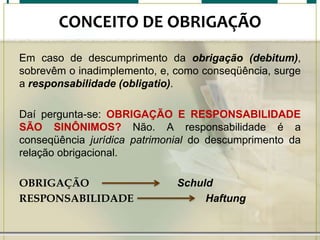 CONCEITO DE OBRIGAÇÃO
Em caso de descumprimento da obrigação (debitum),
sobrevêm o inadimplemento, e, como conseqüência, surge
a responsabilidade (obligatio).
Daí pergunta-se: OBRIGAÇÃO E RESPONSABILIDADE
SÃO SINÔNIMOS? Não. A responsabilidade é a
conseqüência jurídica patrimonial do descumprimento da
relação obrigacional.
OBRIGAÇÃO
RESPONSABILIDADE

Schuld
Haftung

 