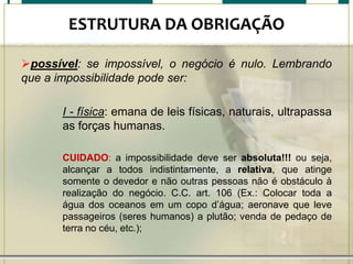 ESTRUTURA DA OBRIGAÇÃO
possível: se impossível, o negócio é nulo. Lembrando
que a impossibilidade pode ser:
I - física: emana de leis físicas, naturais, ultrapassa
as forças humanas.
CUIDADO: a impossibilidade deve ser absoluta!!! ou seja,
alcançar a todos indistintamente, a relativa, que atinge
somente o devedor e não outras pessoas não é obstáculo à
realização do negócio. C.C. art. 106 (Ex.: Colocar toda a
água dos oceanos em um copo d’água; aeronave que leve
passageiros (seres humanos) a plutão; venda de pedaço de
terra no céu, etc.);

 