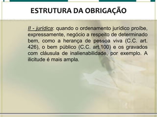 ESTRUTURA DA OBRIGAÇÃO
II - jurídica: quando o ordenamento jurídico proíbe,
expressamente, negócio a respeito de determinado
bem, como a herança de pessoa viva (C.C. art.
426), o bem público (C.C. art.100) e os gravados
com cláusula de inalienabilidade, por exemplo. A
ilicitude é mais ampla.

 