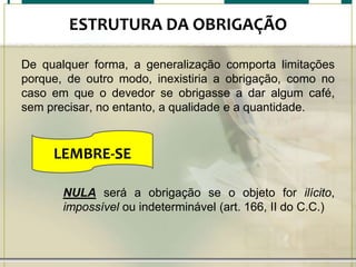 ESTRUTURA DA OBRIGAÇÃO
De qualquer forma, a generalização comporta limitações
porque, de outro modo, inexistiria a obrigação, como no
caso em que o devedor se obrigasse a dar algum café,
sem precisar, no entanto, a qualidade e a quantidade.

LEMBRE-SE
NULA será a obrigação se o objeto for ilícito,
impossível ou indeterminável (art. 166, II do C.C.)

 