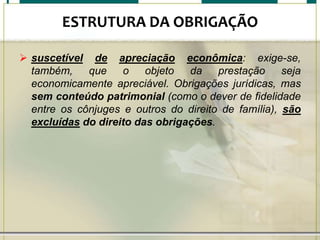 ESTRUTURA DA OBRIGAÇÃO
 suscetível de apreciação econômica: exige-se,
também,
que
o
objeto
da
prestação
seja
economicamente apreciável. Obrigações jurídicas, mas
sem conteúdo patrimonial (como o dever de fidelidade
entre os cônjuges e outros do direito de família), são
excluídas do direito das obrigações.

 