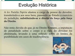 Evolução Histórica
A lex Poetelia Papiria afastou a carga da pessoa do devedor,
transferindo-a aos seus bens, passando ao Estado o exercício
da jurisdição, substituindo-se o direito da força pela força
do Direito.
Não resta dúvida de que, já no Direito Romano, a imputação
de penalidade sobre o corpo e a vida do devedor foi
abominada, levando à uma reflexão sobre os limites da
punibilidade em casos de inadimplência.

 