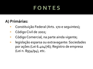 A) Primárias:
     Constituição Federal (Arts. 170 e seguintes);
     Código Civil de 2002;
     Código Comercial, na parte ainda vigente;
     legislação esparsa ou extravagante: Sociedades
      por ações (Lei 6.404/76); Registro de empresa
      (Lei n. 8934/94), etc.
 