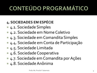 4. SOCIEDADES EM ESPÉCIE
   4.1. Sociedade Simples
   4.2. Sociedade em Nome Coletivo
   4.3. Sociedade em Comandita Simples
   4.4. Sociedade em Conta de Participação
   4.5. Sociedade Limitada
   4.6. Sociedade Cooperativa
   4.7. Sociedade em Comandita por Ações
   4.8. Sociedade Anônima
              Profa. Ms. Priscila Y. Sakamoto   6
 