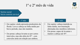 1º e 2º mês de vida
Sorriso social
Inicia controle cervical
• Em supino: ainda apresenta predomínio da
flexão. Leva a cabeça na linha média por
breve período, mas não mantém.
• Em prona: cabeça levanta-se por curtos
intervalos, mas não além de 45° , com
cotovelos atrás em relação aos ombros.
• Em supino: cabeça mantida na
linha média, movimentação
alternadas dos membros inferiores.
• Em prona: capaz de levantar e
manter a cabeça até 45°.
1º mês 2º mês
 