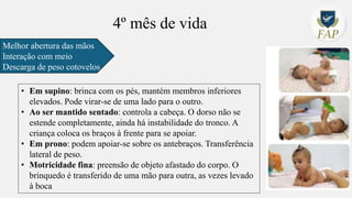 4º mês de vida
Melhor abertura das mãos
Interação com meio
Descarga de peso cotovelos
• Em supino: brinca com os pés, mantém membros inferiores
elevados. Pode virar-se de uma lado para o outro.
• Ao ser mantido sentado: controla a cabeça. O dorso não se
estende completamente, ainda há instabilidade do tronco. A
criança coloca os braços à frente para se apoiar.
• Em prono: podem apoiar-se sobre os antebraços. Transferência
lateral de peso.
• Motricidade fina: preensão de objeto afastado do corpo. O
brinquedo é transferido de uma mão para outra, as vezes levado
à boca
 