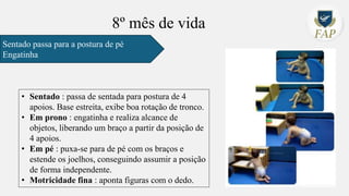 8º mês de vida
Sentado passa para a postura de pé
Engatinha
• Sentado : passa de sentada para postura de 4
apoios. Base estreita, exibe boa rotação de tronco.
• Em prono : engatinha e realiza alcance de
objetos, liberando um braço a partir da posição de
4 apoios.
• Em pé : puxa-se para de pé com os braços e
estende os joelhos, conseguindo assumir a posição
de forma independente.
• Motricidade fina : aponta figuras com o dedo.
 