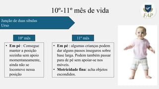 10º-11º mês de vida
Junção de duas sibalas
Urso
• Em pé : Consegue
manter a posição
sozinha sem apoio
momentaneamente,
ainda não se
locomove nessa
posição
• Em pé : algumas crianças podem
dar alguns passos inseguros sobre
base larga. Podem também passar
para de pé sem apoiar-se nos
móveis.
• Motricidade fina: acha objetos
escondidos.
10º mês 11º mês
 