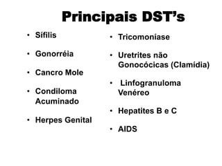 • Sífilis
• Gonorréia
• Cancro Mole
• Condiloma
Acuminado
• Herpes Genital
• Tricomoníase
• Uretrites não
Gonocócicas (Clamídia)
• Linfogranuloma
Venéreo
• Hepatites B e C
• AIDS
Principais DST’s
 