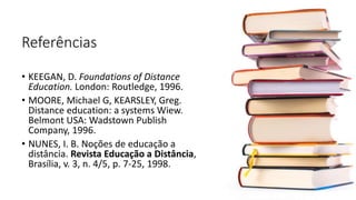Referências
• KEEGAN, D. Foundations of Distance
Education. London: Routledge, 1996.
• MOORE, Michael G, KEARSLEY, Greg.
Distance education: a systems Wiew.
Belmont USA: Wadstown Publish
Company, 1996.
• NUNES, I. B. Noções de educação a
distância. Revista Educação a Distância,
Brasília, v. 3, n. 4/5, p. 7-25, 1998.
 