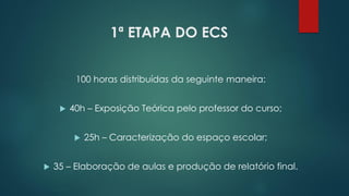 1ª ETAPA DO ECS
100 horas distribuídas da seguinte maneira:
 40h – Exposição Teórica pelo professor do curso;
 25h – Caracterização do espaço escolar;
 35 – Elaboração de aulas e produção de relatório final.
 