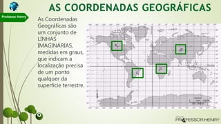 As Coordenadas
Geográficas são
um conjunto de
LINHAS
IMAGINÁRIAS,
medidas em graus,
que indicam a
localização precisa
de um ponto
qualquer da
superfície terrestre.
Professor Henry
 
