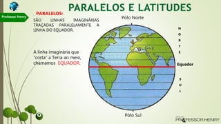 SÃO LINHAS IMAGINÁRIAS
TRAÇADAS PARALELAMENTE A
LINHA DO EQUADOR.
PARALELOS:
Pólo Norte
Pólo Sul
N
O
R
T
E
S
U
L
Equador
A linha imaginária que
“corta” a Terra ao meio,
chamamos EQUADOR.
Professor Henry
 