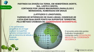 FAZENDO-SE INTERSEÇÃO DE DUAS LINHAS, CONSEGUE-SE
LOCALIZAR QUALQUER PONTO NA SUPERFÍCIE TERRESTRE,
PELO MÉTODO CHAMADO DE COORDENADAS GEOGRÁFICAS.
http://www.esteio.com.br/newsletters/imagens/006/o-loc-coord.gif
PARTINDO DA DIVISÃO DA TERRA, EM HEMISFÉRIOS (NORTE,
SUL, LESTE E OESTE),
CORTADOS POR LINHAS IMAGINÁRIAS (PARALELOS E
MERIDIANOS), NUMERADAS EM GRAUS
(LATITUDES E LONGITUDES),
O encontro entre dois pontos
(Latitude e longitude) é
conhecido como LOCALIZAÇÃO
ABSOLUTA ou COORDENADA
GEOGRÁFICA
Professor Henry
3. As coordenadas
geográficas de um lugar
qualquer na superfície
terrestre correspondem ao
que se denomina de latitude e
longitude
desse lugar.
 