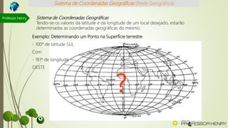 Sistema de Coordenadas Geográficas (Rede Geográfica)
Sistema de Coordenadas Geográficas
Tendo-se os valores da latitude e da longitude de um local desejado, estarão
determinadas as coordenadas geográficas do mesmo.
Exemplo: Determinando um Ponto na Superfície terrestre
- 100º de latitude SUL
Com
- 181º de longitude
OESTE
?
Professor Henry
 