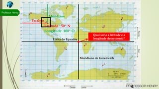 Linha do Equador
Meridiano de Greenwich
Latitude 50º N
Qual seria a latitude e a
longitude desse ponto?
Paralelo
Meridiano
Longitude 100º O
Professor Henry
 