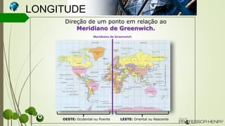 Direção de um ponto em relação ao
Meridiano de Greenwich.
OESTE: Ocidental ou Poente LESTE: Oriental ou Nascente
Meridiano de Greenwich
LONGITUDE
 