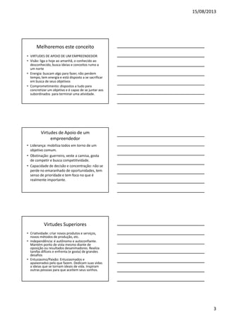 15/08/2013

Melhoremos este conceito
• VIRTUDES DE APOIO DE UM EMPREENDEDOR
• Visão: liga o hoje ao amanhã, o conhecido ao
desconhecido, busca ideias e conceitos rumo a
um norte
• Energia: buscam algo para fazer, não perdem
tempo, tem energia e está disposto a se sacrificar
em busca de seus objetivos
• Comprometimento: dispostos a tudo para
concretizar um objetivo e é capaz de se juntar aos
subordinados para terminar uma atividade.

Virtudes de Apoio de um
empreendedor
• Liderança: mobiliza todos em torno de um
objetivo comum.
• Obstinação: guerreiro, veste a camisa, gosta
de competir e busca competitividade.
• Capacidade de decisão e concentração: não se
perde no emaranhado de oportunidades, tem
senso de prioridade e tem foco no que é
realmente importante.

Virtudes Superiores
• Criatividade: criar novos produtos e serviços,
novos métodos de produção, etc.
• Independência: é autônomo e autoconfiante.
Mantém ponto de vista mesmo diante de
oposição ou resultados desanimadores. Realiza
tarefas difíceis e enfrenta (e gosta) de grandes
desafios
• Entusiasmo/Paixão: Entusiasmados e
apaixonados pelo que fazem. Dedicam suas vidas
a ideias que se tornam ideais de vida. Inspiram
outras pessoas para que aceitem seus sonhos.

3

 