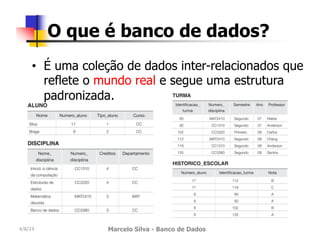 4/8/23 Marcelo Silva - Banco de Dados
O que é banco de dados?
• É uma coleção de dados inter-relacionados que
reflete o mundo real e segue uma estrutura
padronizada.
 