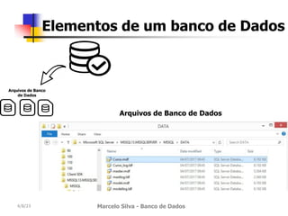 4/8/23 Marcelo Silva - Banco de Dados
Elementos de um banco de Dados
Arquivos de Banco
de Dados
Arquivos de Banco de Dados
 