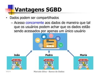 • Dados podem ser compartilhados
– Acesso concorrente aos dados de maneira que tal
que os usuários podem achar que os dados estão
sendo acessados por apenas um único usuário
4/8/23 Marcelo Silva - Banco de Dados
Vantagens SGBD
João Pedro Maria
 