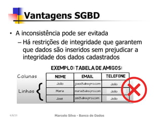 • A inconsistência pode ser evitada
– Há restrições de integridade que garantem
que dados são inseridos sem prejudicar a
integridade dos dados cadastrados
4/8/23 Marcelo Silva - Banco de Dados
Vantagens SGBD
 