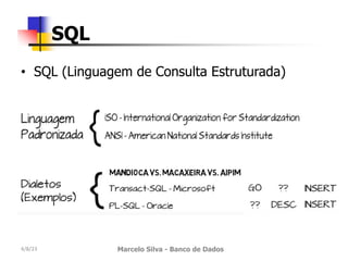 • SQL (Linguagem de Consulta Estruturada)
4/8/23 Marcelo Silva - Banco de Dados
SQL
 