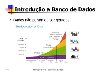 4/8/23 Marcelo Silva - Banco de Dados
Introdução a Banco de Dados
• Dados não param de ser gerados
 