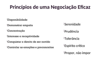 Disponibilidade
Demonstrar empatia
Concentração
Interesse e receptividade
Conquistar o direito de ser ouvido
Controlar as emoções e preconceitos
Princípios de uma Negociação Eficaz
Serenidade
Prudência
Tolerância
Espírito crítico
Propor, não impor
37
 