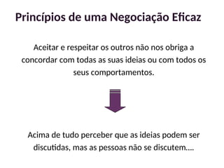 Aceitar e respeitar os outros não nos obriga a
concordar com todas as suas ideias ou com todos os
seus comportamentos.
Acima de tudo perceber que as ideias podem ser
discutidas, mas as pessoas não se discutem….
Princípios de uma Negociação Eficaz
39
 