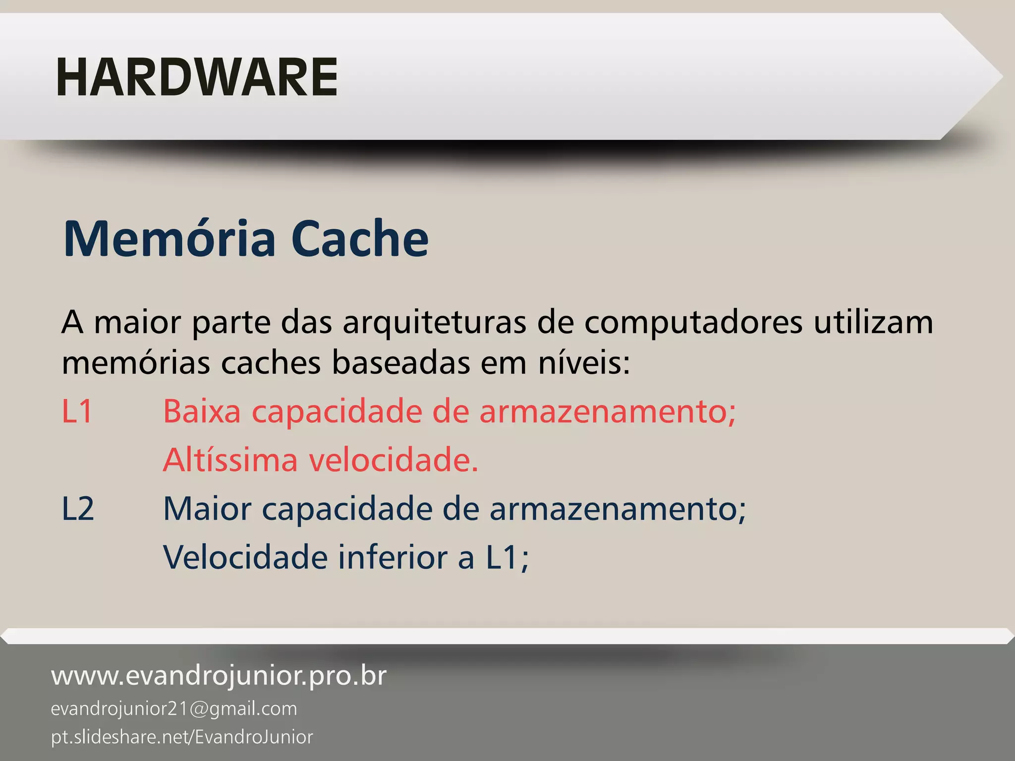 www.evandrojunior.pro.br
evandrojunior21@gmail.com
pt.slideshare.net/EvandroJunior
HARDWARE
A maior parte das arquiteturas de computadores utilizam
memórias caches baseadas em níveis:
L1 Baixa capacidade de armazenamento;
Altíssima velocidade.
L2 Maior capacidade de armazenamento;
Velocidade inferior a L1;
Memória Cache
 