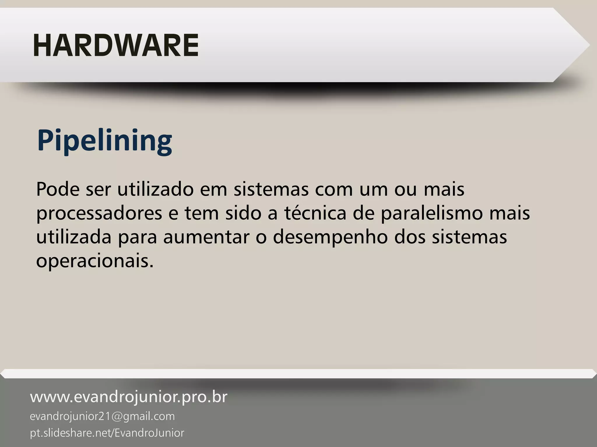 www.evandrojunior.pro.br
evandrojunior21@gmail.com
pt.slideshare.net/EvandroJunior
HARDWARE
Pode ser utilizado em sistemas com um ou mais
processadores e tem sido a técnica de paralelismo mais
utilizada para aumentar o desempenho dos sistemas
operacionais.
Pipelining
 