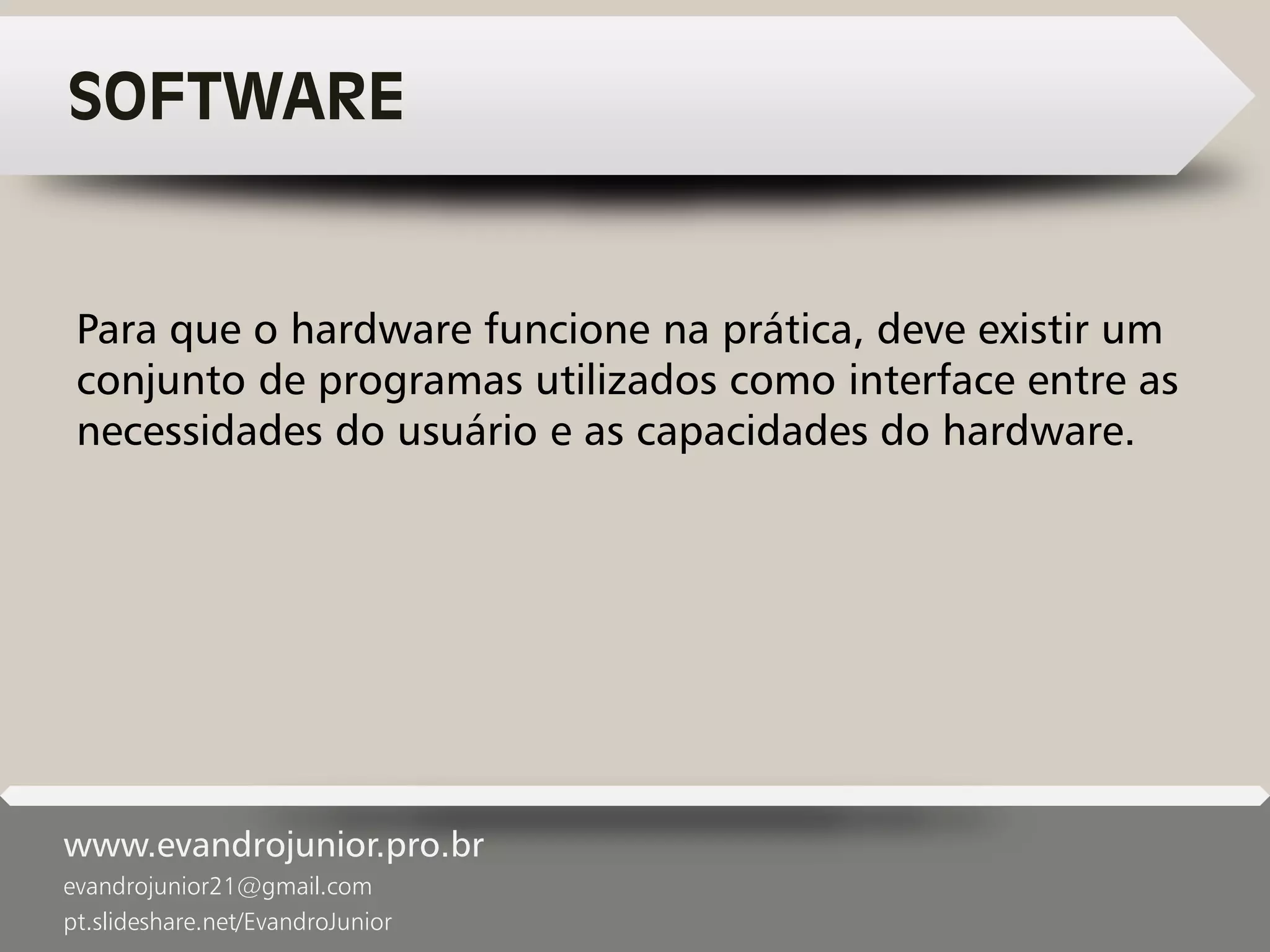 www.evandrojunior.pro.br
evandrojunior21@gmail.com
pt.slideshare.net/EvandroJunior
SOFTWARE
Para que o hardware funcione na prática, deve existir um
conjunto de programas utilizados como interface entre as
necessidades do usuário e as capacidades do hardware.
 