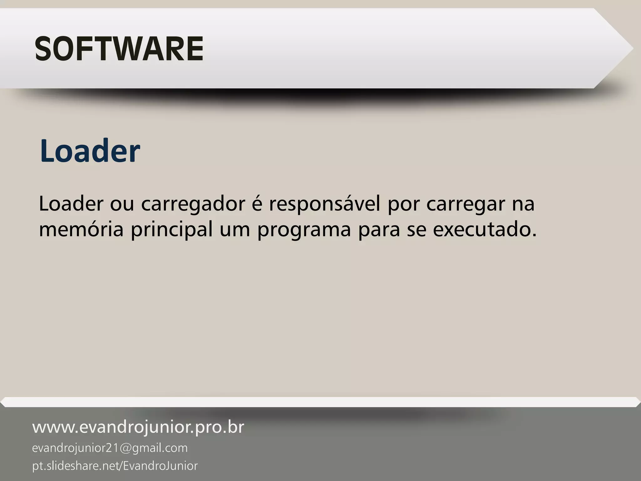www.evandrojunior.pro.br
evandrojunior21@gmail.com
pt.slideshare.net/EvandroJunior
SOFTWARE
Loader ou carregador é responsável por carregar na
memória principal um programa para se executado.
Loader
 