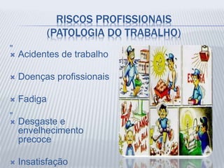 RISCOS PROFISSIONAIS
(PATOLOGIA DO TRABALHO)
„
 Acidentes de trabalho
 Doenças profissionais
 Fadiga
„
 Desgaste e
envelhecimento
precoce
 Insatisfação
 