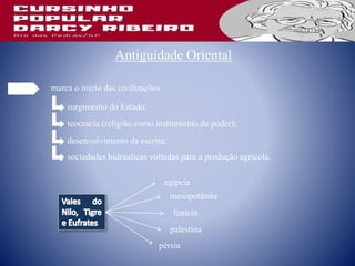 Antiguidade Oriental
marca o início das civilizações
surgimento do Estado;
teocracia (religião como instrumento de poder);
desenvolvimento da escrita;
sociedades hidráulicas voltadas para a produção agrícola.
egípcia
mesopotâmia
fenícia
palestina
pérsia
 