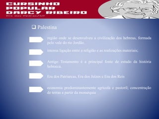  Palestina
região onde se desenvolveu a civilização dos hebreus, formada
pelo vale do rio Jordão.
intensa ligação entre a religião e as realizações materiais;
Antigo Testamento é a principal fonte de estudo da história
hebraica.
Era dos Patriarcas, Era dos Juízes e Era dos Reis
economia predominantemente agrícola e pastoril; concentração
de terras a partir da monarquia
 