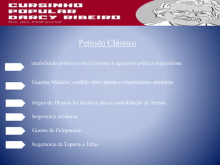 Período Clássico
estabilidade política e social interna x agressiva política imperialista
Guerras Médicas: conflito entre persas e imperialismo ateniense
trégua de 10 anos foi decisiva para a consolidação de Atenas.
hegemonia ateniense
Guerra do Peloponeso
hegemonia de Esparta e Tebas
 