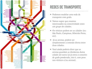 REDES DE TRANSPORTE
➤ Podemos modelar uma rede de
transporte com grafo.
➤ Vamos supor que estamos
interessados na conectividade entre
um grupo de cidades.
➤ Os vértices podem ser as cidades (ex:
São Paulo, Campinas, Ribeirão Preto,
etc).
➤ Já as arestas, podem ser
simplesmente a conexão direta entre
duas cidades.
➤ Você ainda poderia dizer que as
arestas guardam as distâncias duma
cidade até outra (aí já entra o conceito
de grafo ponderado, isto é, com peso
nos vértices e/ou arestas).
 