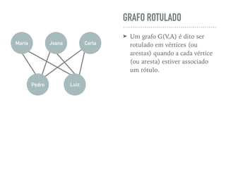 GRAFO ROTULADO
➤ Um grafo G(V,A) é dito ser
rotulado em vértices (ou
arestas) quando a cada vértice
(ou aresta) estiver associado
um rótulo.
Maria CarlaJoana
LuizPedro
 