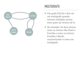 MULTIGRAFO
➤ Um grafo G(V,A) é dito ser
um multigrafo quando
existem múltiplas arestas
entre pares de vértices de G.
➤ No exemplo, há duas arestas
entre os vértices São Paulo e
Curitiba e entre os vértices
Curitiba e Recife,
caracterizando-o como um
multigrafo.
Sao
Paulo
Recife
Porto
Alegre
Curitiba
 