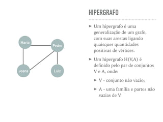 HIPERGRAFO
➤ Um hipergrafo é uma
generalização de um grafo,
com suas arestas ligando
quaisquer quantidades
positivas de vértices.
➤ Um hipergrafo H(V,A) é
deﬁnido pelo par de conjuntos
V e A, onde:
➤ V - conjunto não vazio;
➤ A - uma família e partes não
vazias de V.
Maria
Pedro
Joana Luiz
 
