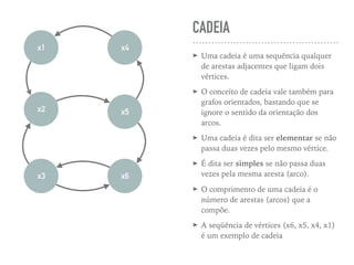 CADEIA
➤ Uma cadeia é uma sequência qualquer
de arestas adjacentes que ligam dois
vértices.
➤ O conceito de cadeia vale também para
grafos orientados, bastando que se
ignore o sentido da orientação dos
arcos.
➤ Uma cadeia é dita ser elementar se não
passa duas vezes pelo mesmo vértice.
➤ É dita ser simples se não passa duas
vezes pela mesma aresta (arco).
➤ O comprimento de uma cadeia é o
número de arestas (arcos) que a
compõe.
➤ A seqüência de vértices (x6, x5, x4, x1)
é um exemplo de cadeia
x1
x6x3
x2 x5
x4
 