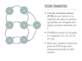 FECHO TRANSITIVO
➤ O fecho transitivo direto
(FTD) de um vértice v é o
conjunto de todos os vértices
que podem ser atingidos por
algum caminho iniciando em
v.
➤ O FTD do vértice x5 do grafo
é o conjunto: {x1, x2, x3, x4,
x5, x6}.
➤ Note que o próprio vértice faz
parte do FTD já que ele é
alcançável partindo-se dele
mesmo.
x1
x6x3
x2 x5
x4
x7
 