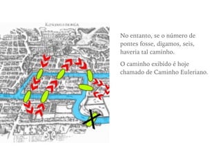 No entanto, se o número de
pontes fosse, digamos, seis,
haveria tal caminho.
O caminho exibido é hoje
chamado de Caminho Euleriano.
 